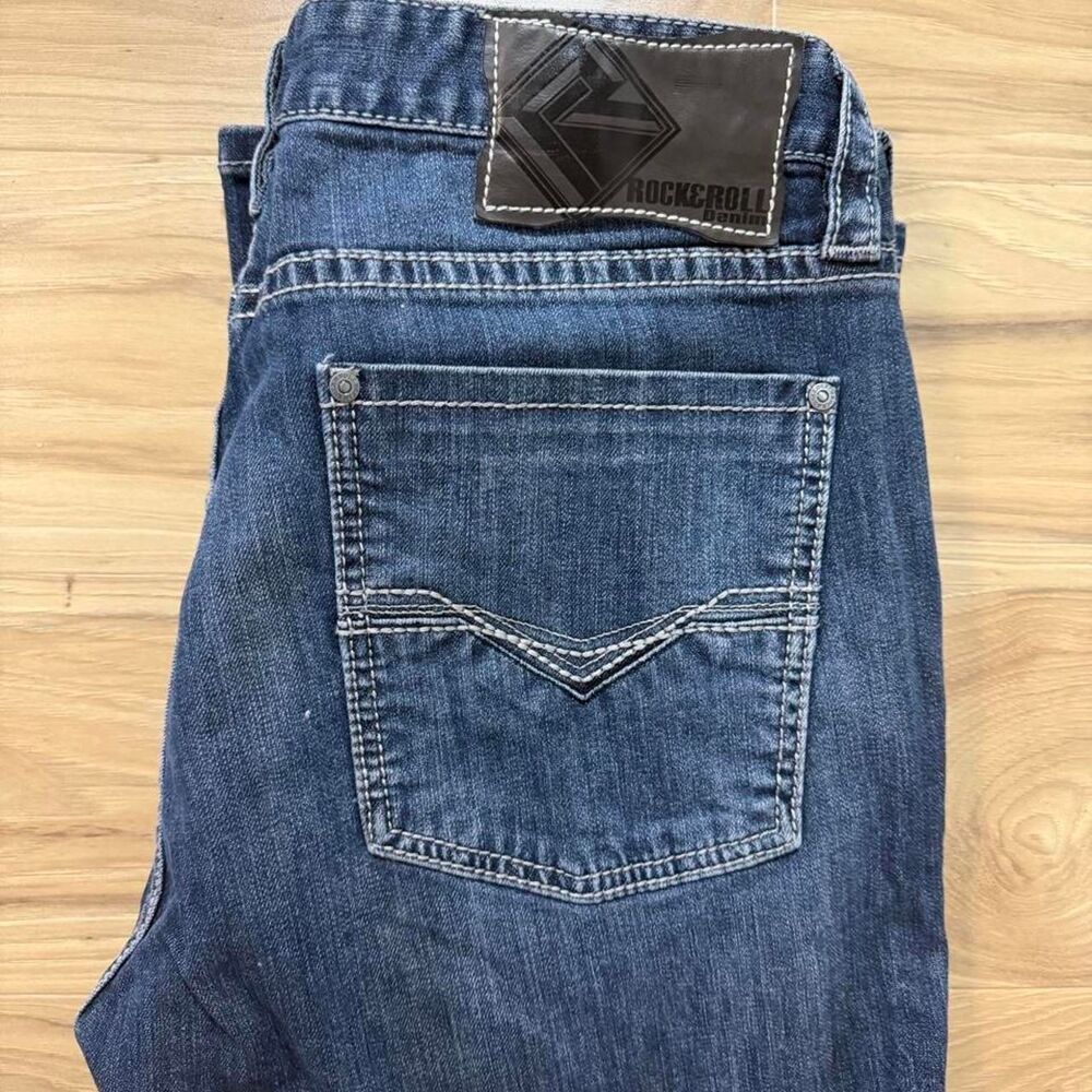 Y2K Style Rock and Roll slim straight leg jeans navy blue, size 38x30